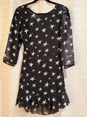 Black Star-Print Mini Dress - Sheer Sleeve Ruffle Hem